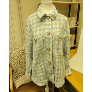 Zara Blue and White Houndstooth Tweed Oversized Shirt Jacket Pearl Buttons